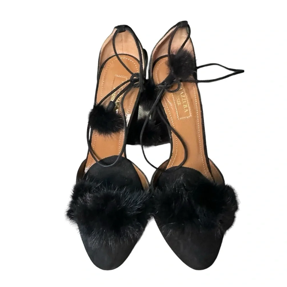 Aquazzura | Black Suede Wild Russian D'Orsay Pom Pom Ankle Wrap Pumps Size 37